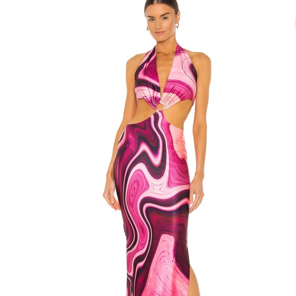 Gaia Pink Swirl Halter Cutout Maxi Dress